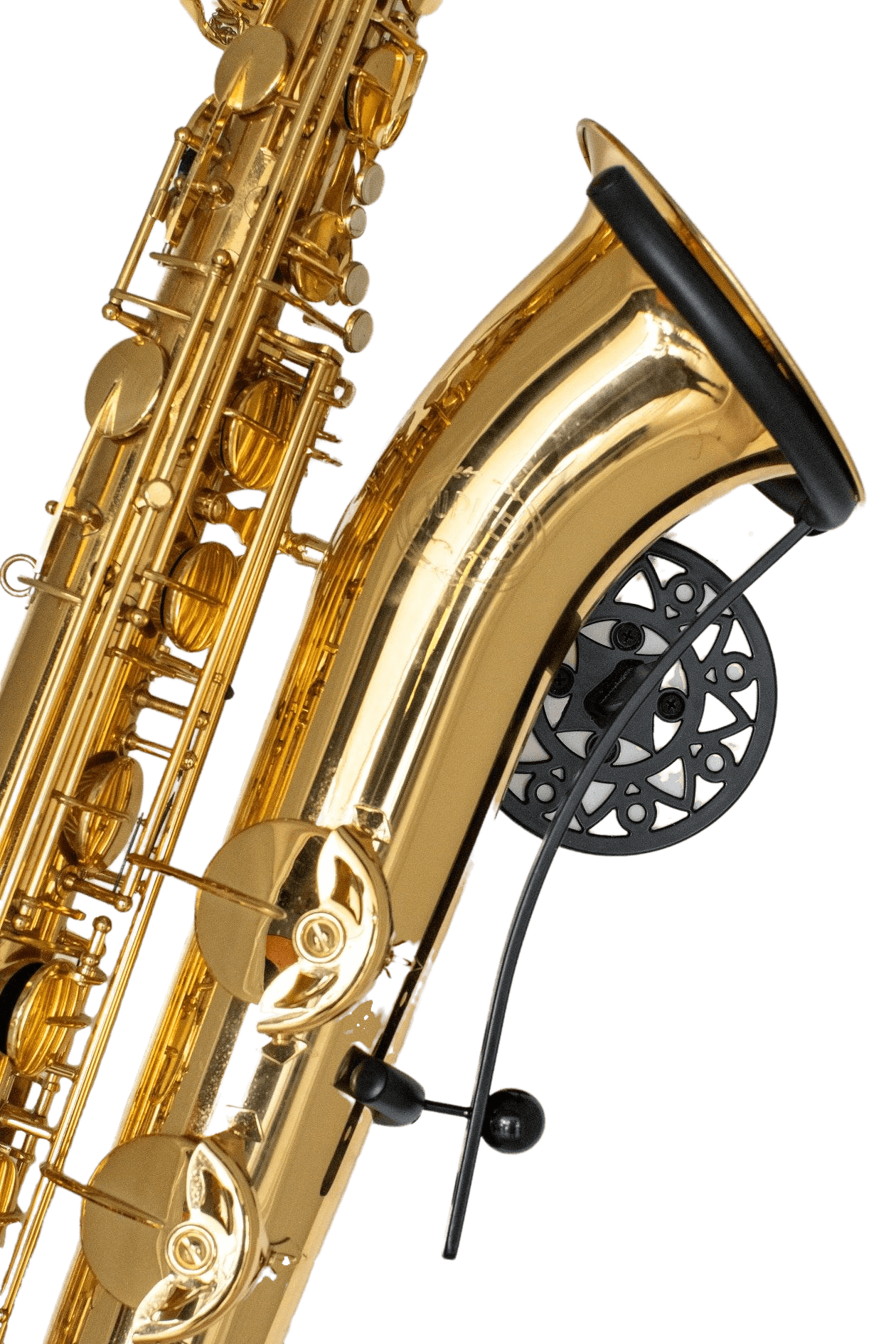 frontal view Jupiter  baritone saxophone in wallmount Aztec on white wall by Locoparasaxo.com