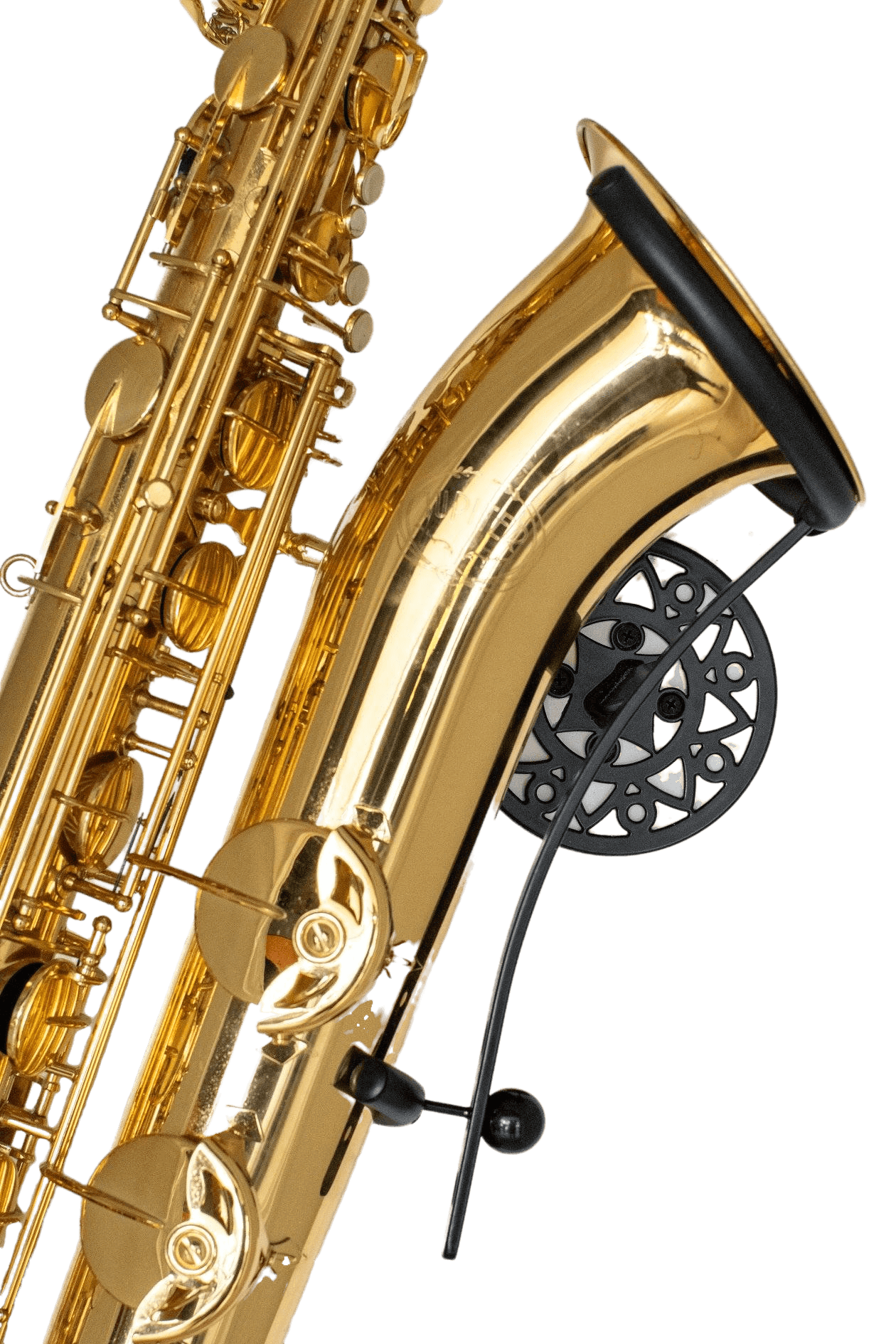 frontal view Jupiter  baritone saxophone in wallmount Aztec on white wall by Locoparasaxo.com