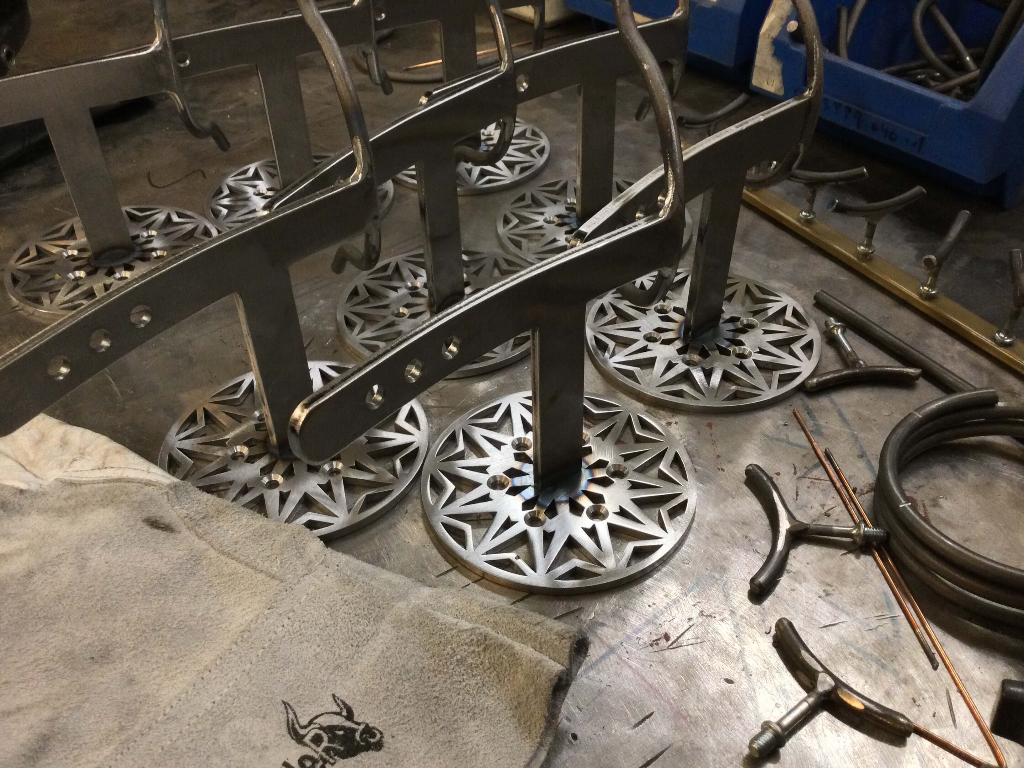 workbench with welded unfinished saxophone stands full size