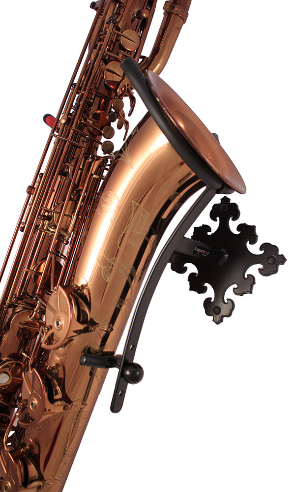 side view of baritone sax in wallmount Prince made by Locoparasaxo
