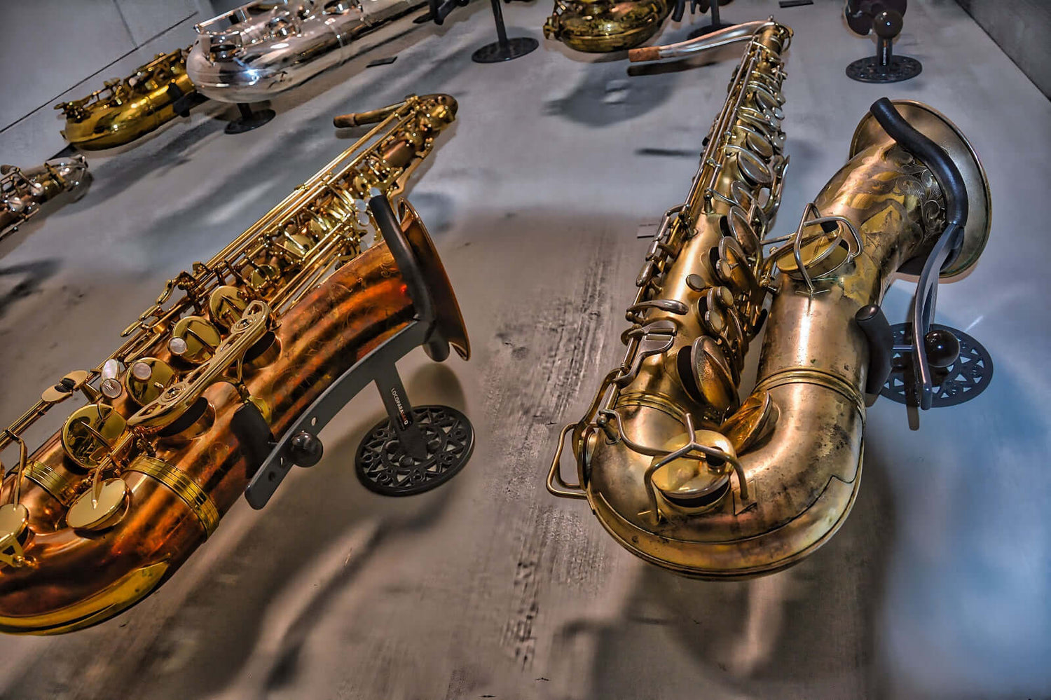 enhanced image of sax collection taken from bottom up 