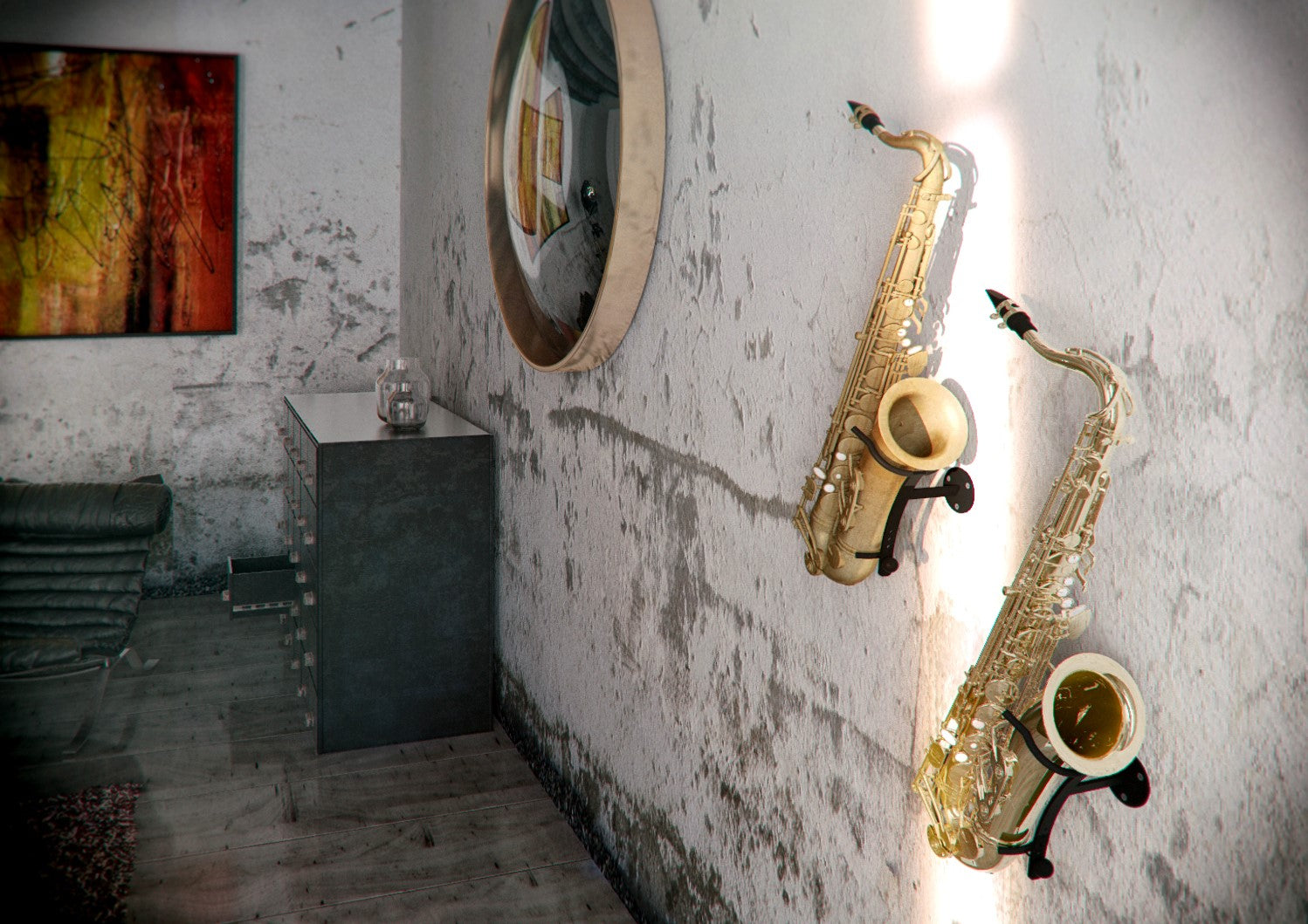 set of saxophones in stands mounted on the wall in a loft apartment