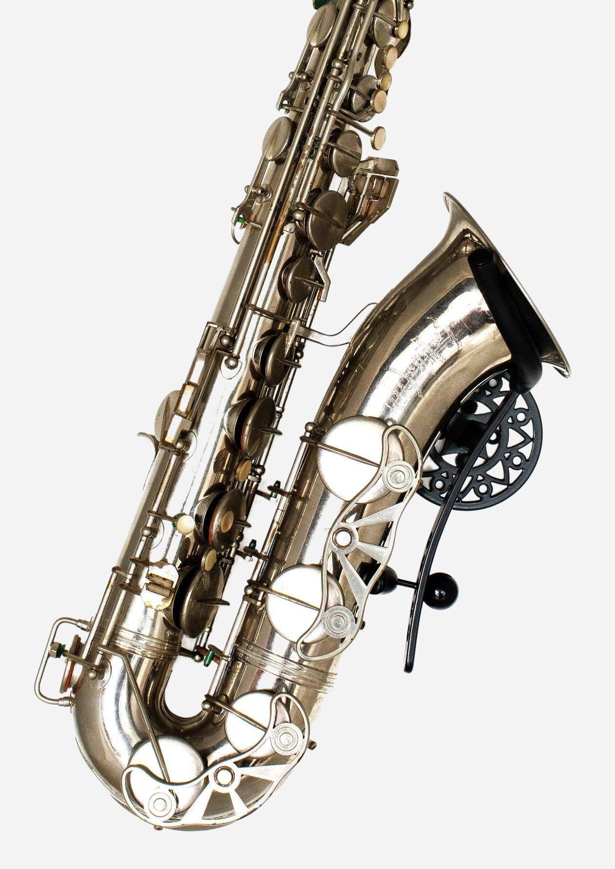 silver tenor sax in Aztec wallmount on white wall by Locoparasaxo.com