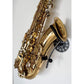 angled view gold Selmer Mark 7 tenor saxophone in wallmount Samba on white wall by Locoparasaxo.com