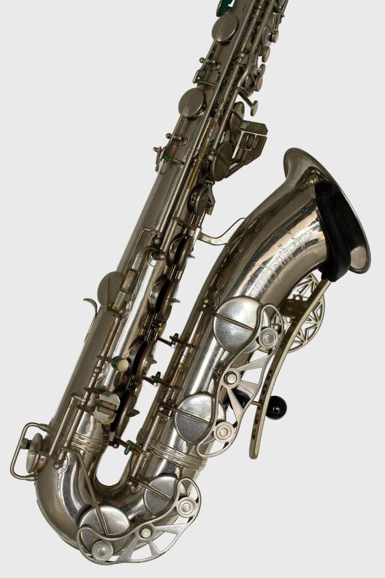 close up silver Besson tenor sax in Samba Bronze wallmount by Locoparasaxo.com