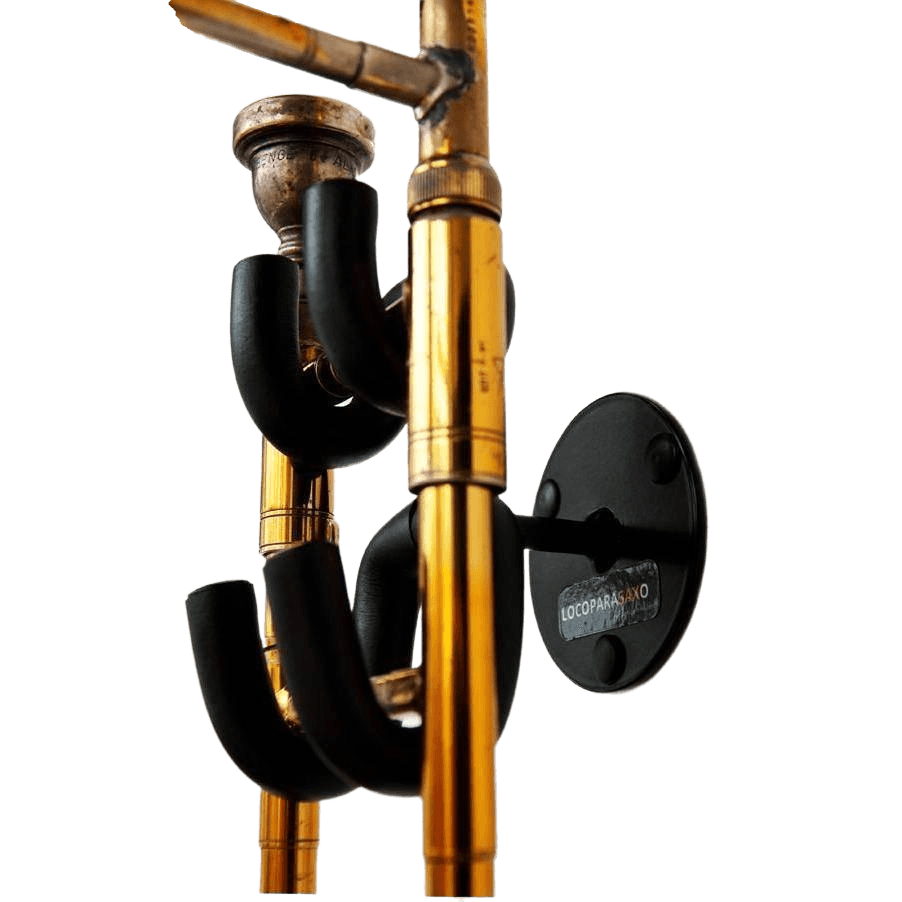 detail of trombone placed in wallmounted stand by Locoparasaxo