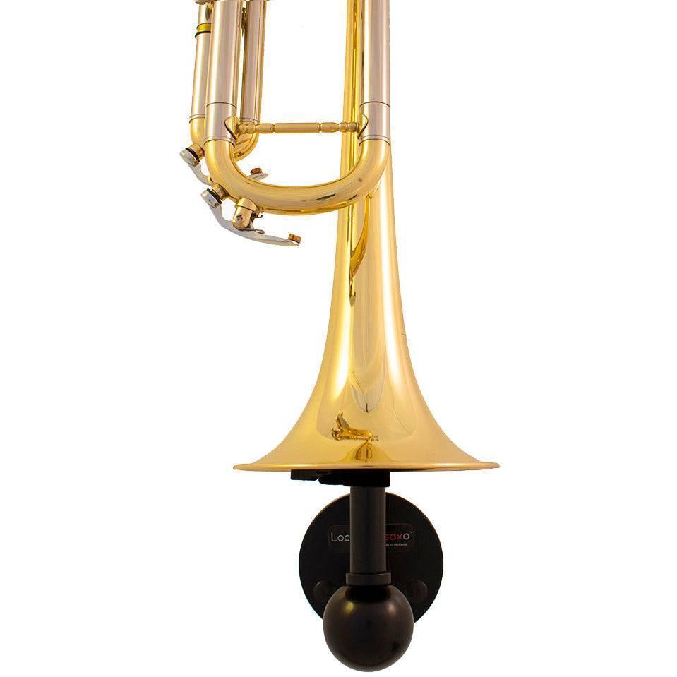 close up of bell of trumpet resting on wallmount Dizzy by Locoparasaxo.com