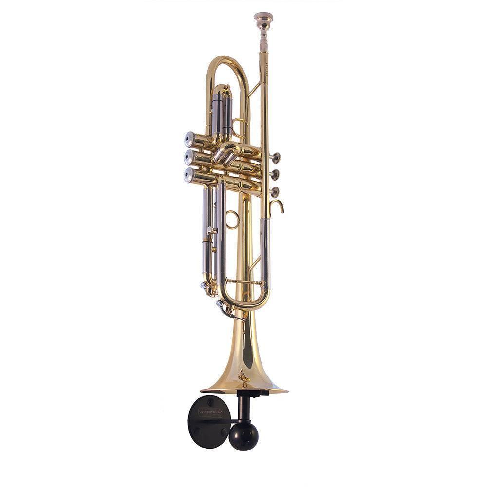 vertical full shot of trumpet resting on wallmount Dizzy by Locoparasaxo.com