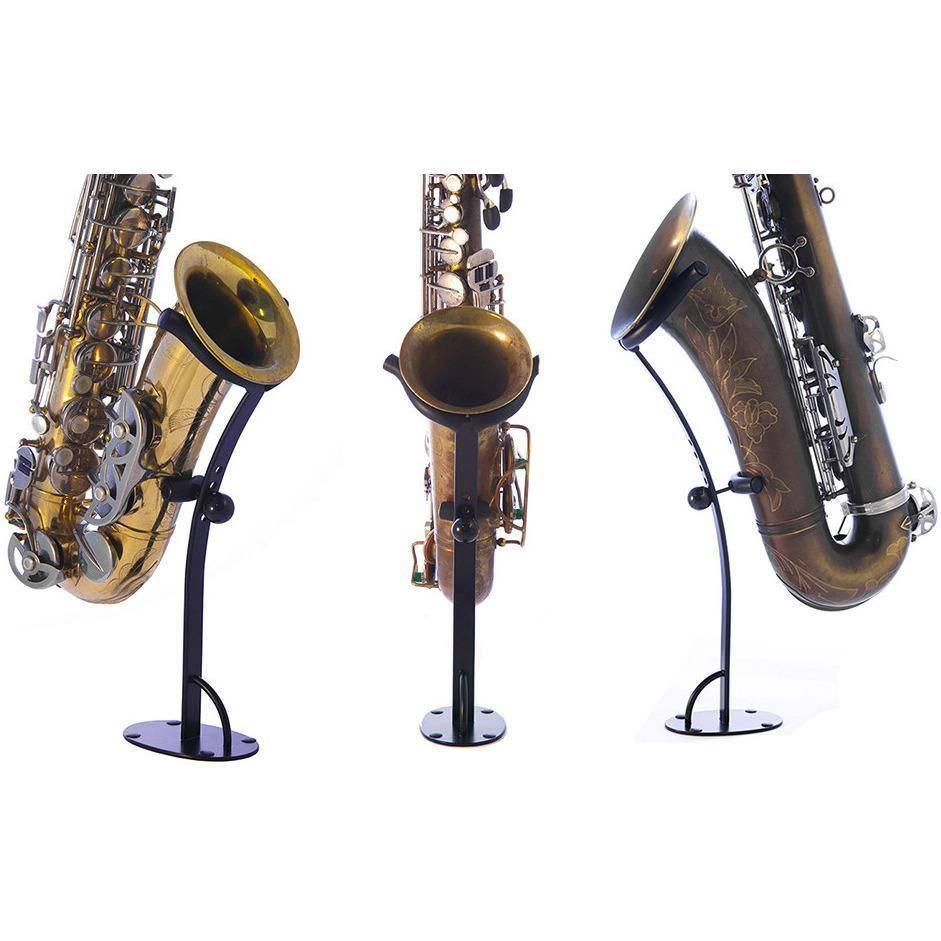 product picture of several exhibit desktop saxophone stands for tenor and alto by Locoparasaxo with instrument on white background