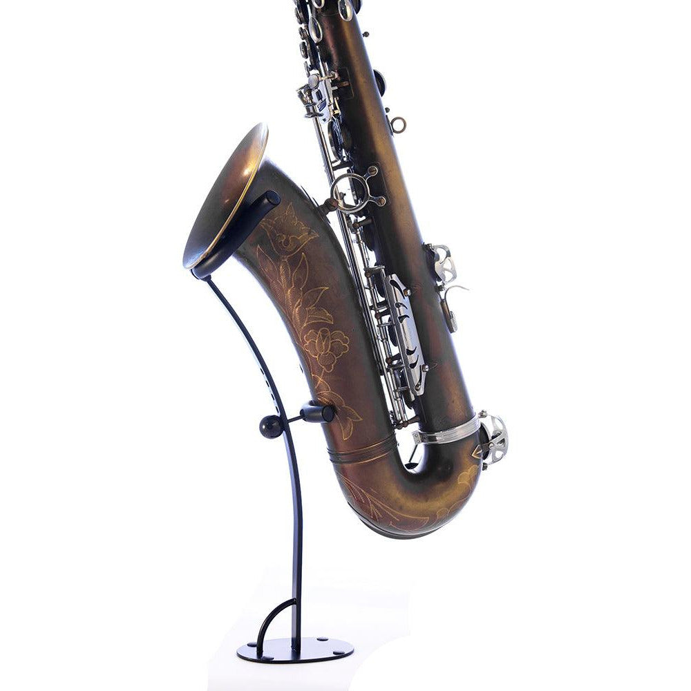 side view product picture of exhibit desktop saxophone stand for tenor made by Locoparasaxo with instrument on white background