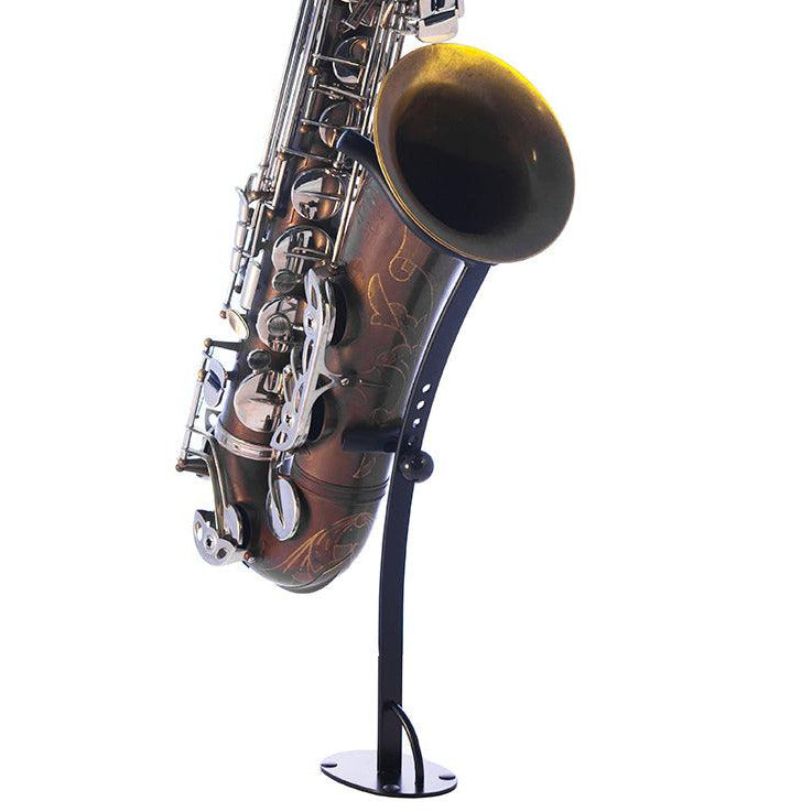 close up product picture of exhibit desktop tenor saxophone stand with instrument on display by Locoparasaxo on white background