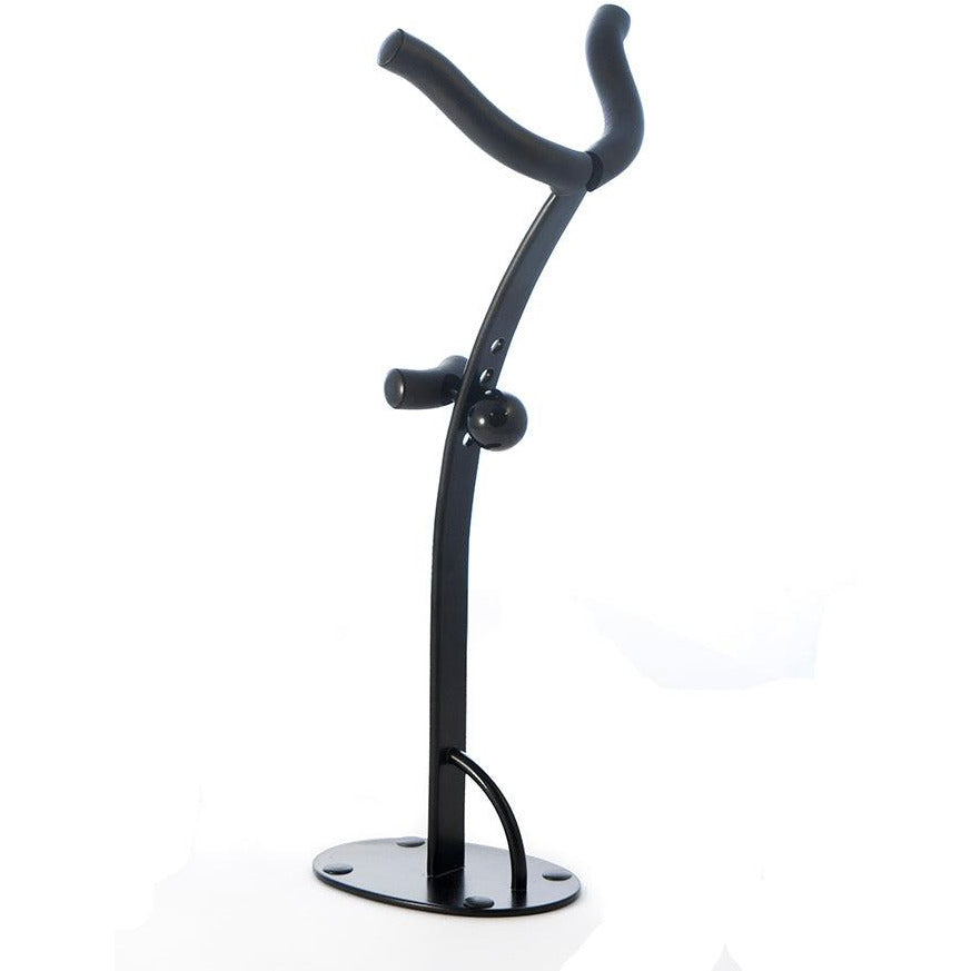 product pic of long stemmed black desktop saxophone stand for exhibits and playing rooms Locoparasaxo product pic