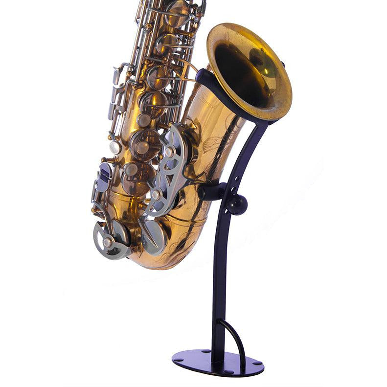 Triumph alt saxophone in black desktop stand for exhibits and playing rooms Locoparasaxo product pic