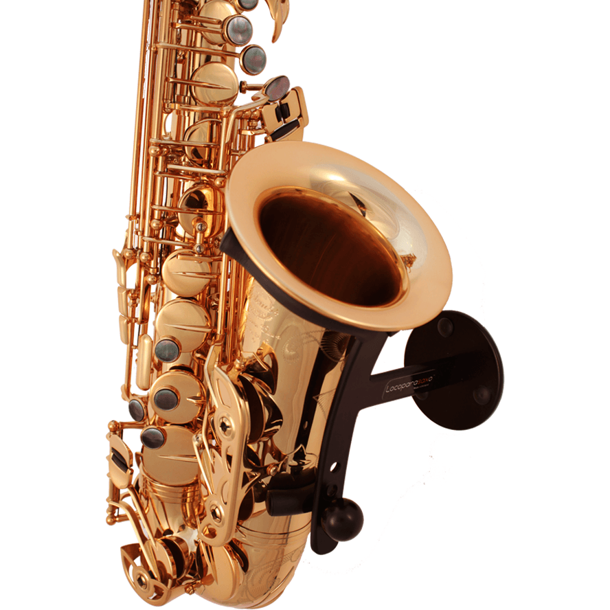 gold colored alto saxophone in black wallmount on white background- product picture Locoparasaxo