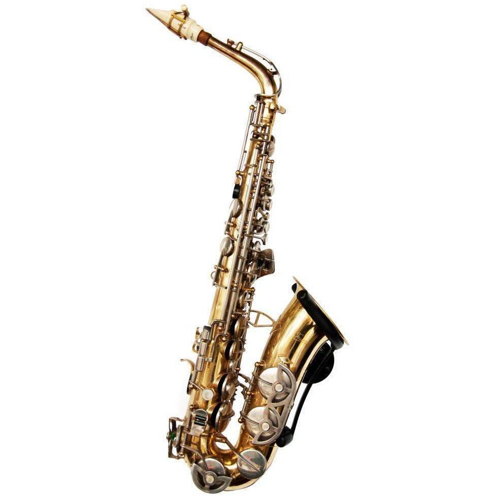 full view of gold and silver alto saxophone in soulprop stand by Locoparasaxo