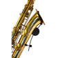 sideview of gold colored baritone in wall-mounted stand called Sir Harry product pic for  Locoparasaxo