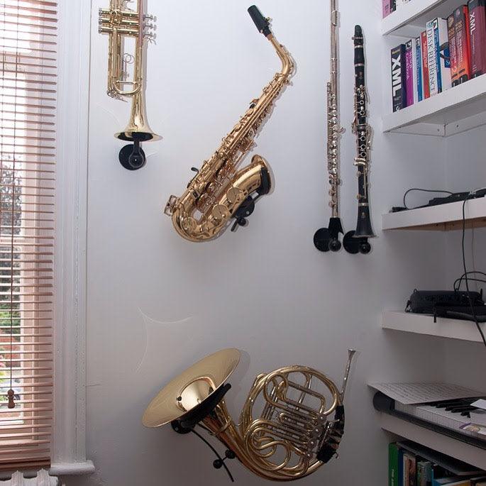 saxophone, trumpet, flute, clarinet, french horn all mounted in stands on a wall
