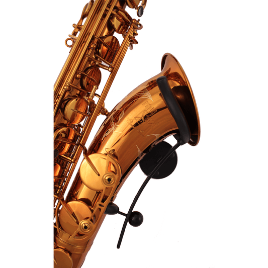 side view of red gold System54 tenor saxophone in black stand Brecker by Locoparasaxo
